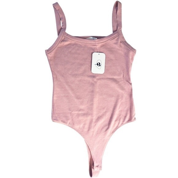 Elodie Tops - Elodie Womens Ribbed Square Neck Tank Thong Bodysuit Mauve Pink Medium New